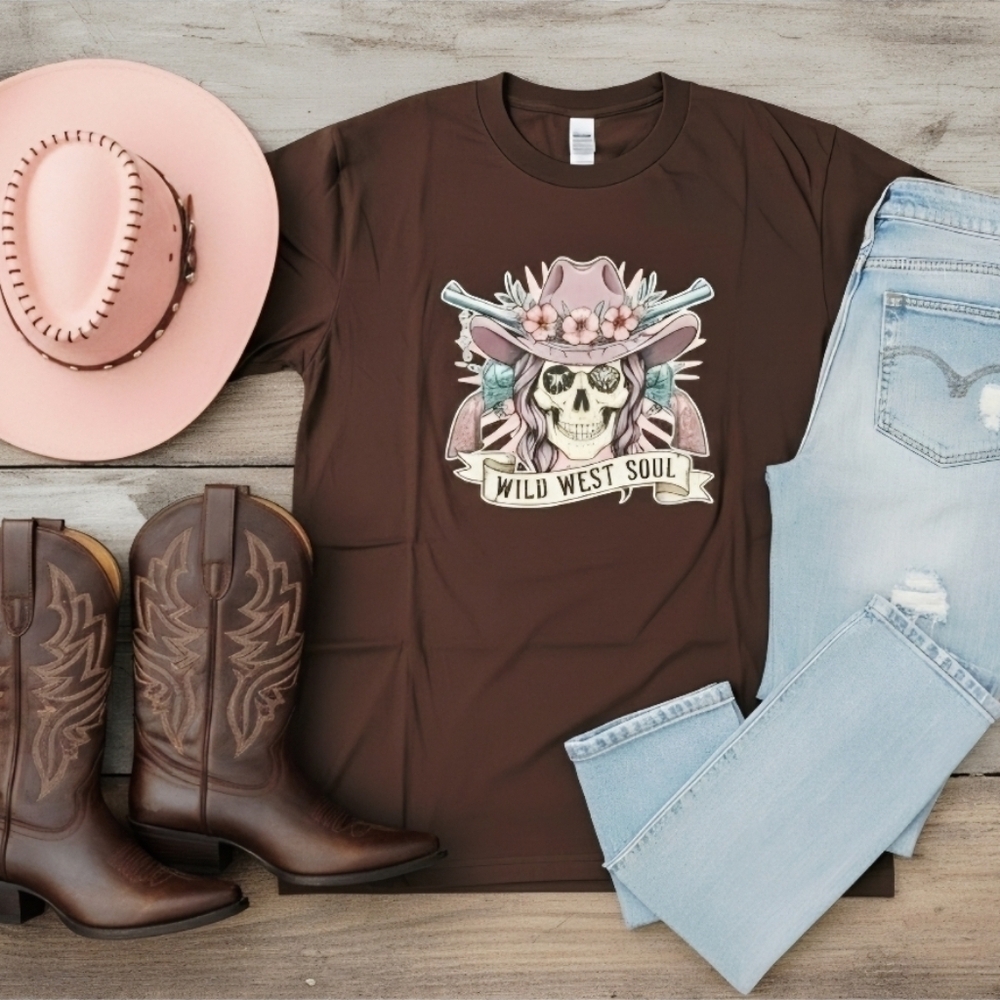 Wild West Soul Cowgirl Skull Tee • Western Pink Cowboy Hat Graphic Shirt